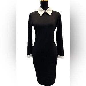 HOMEYEE Women's Long Sleeve Black/White Collared Dress, Cuff Sleeves, Medium NWT